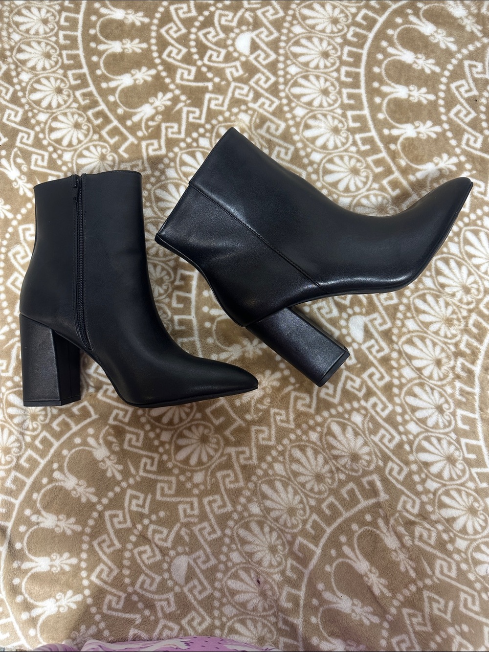 Thompson by Macy Black Faux Leather Block Heel Ankle Boots